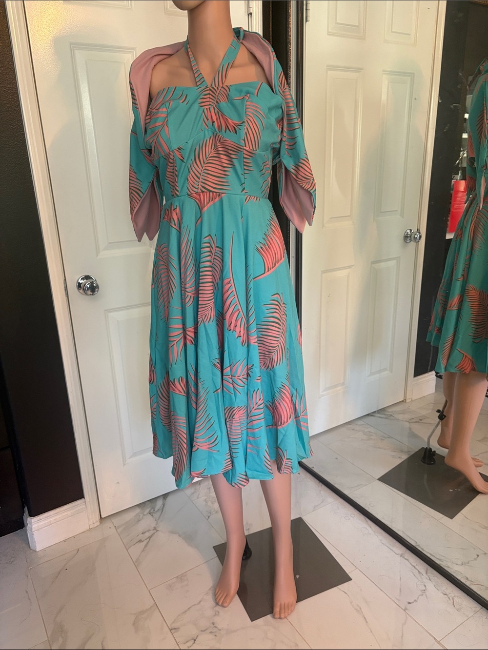 Pinup Rockabilly Turquoise pink vintage style Palm halter dress